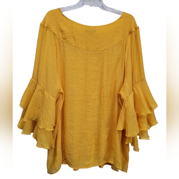 2X Bright Yellow Gauze Lace Collar Bell Tiered Long Sleeve Blouse - Picture 3 of 5